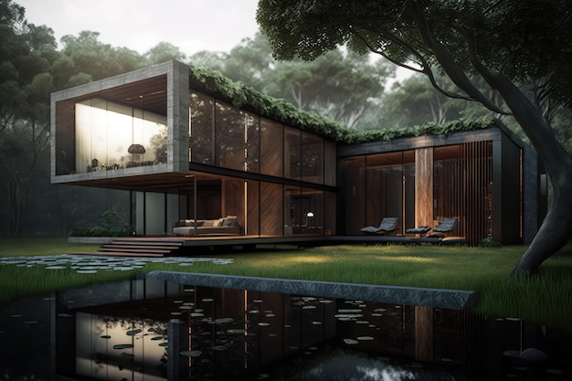 3d render of premium house with refreshing pool and garden area generative ai