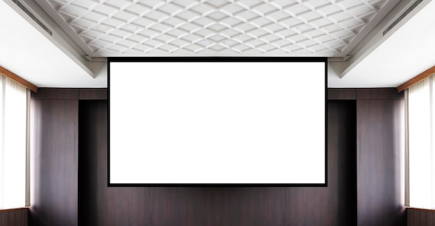 사진 회의실의 무대에서 3d 렌더링 프로젝터 흰색 화면 배경