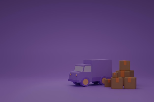 3Dレンダリング紫は紙箱付きトラックを配達します物流出荷コンセプトの背景オンラインショッピング
