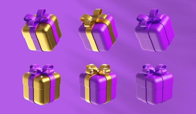 Foto 3d render purple en gold giftboxes happy helloween en kerstobjecten set van feestelijke clip art elementen geïsoleerd op purple achtergrond