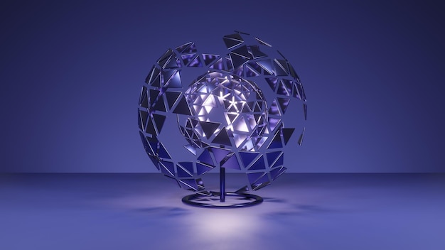 3D визуализация фиолетовой металлической сферы со светом внутри на столе