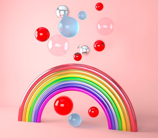 Foto rendering 3d di un arcobaleno con palline colorate