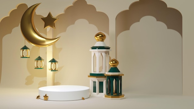 Foto rendering 3d ramadan kareem celebrazione sfondo per banner pubblicitario decorazione araba e moschea