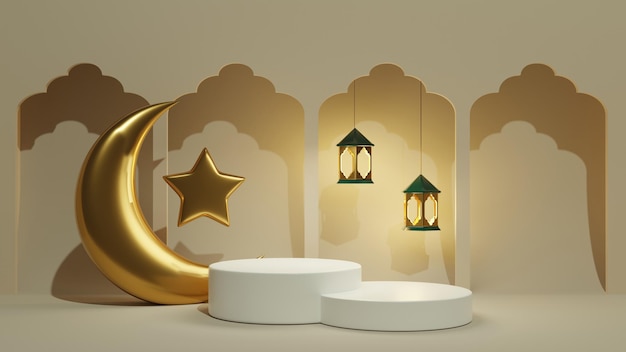 Foto rendering 3d podio ramadan kareem per la pubblicità dei prodotti sulla celebrazione musulmana lanterna islamica