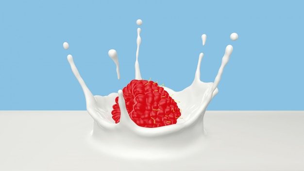 3D render of Raspberries falling into the milky splash.