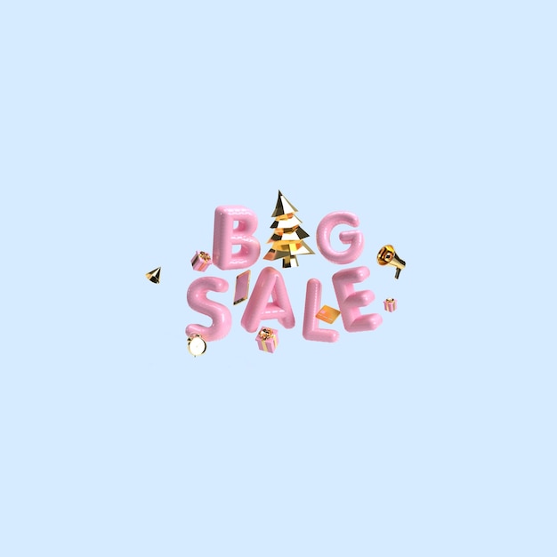 사진 3d 렌더링 현실적인 비문 큰 판매 황금 크리스마스 트리 배너와 핑크 글자로 만든