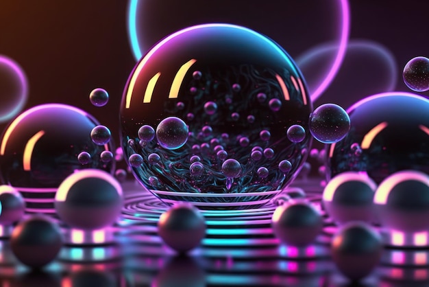 3D render realistic neon lights lines and bubbles background vector design illustration