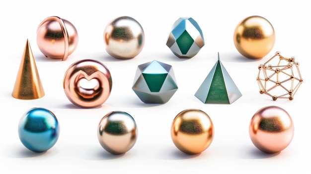 3D-рендеринг реалистичных примитивов на белом фоне Изолированные геометрические элементы, включая сферы, торовые трубы, конусы, трубы в розово-голубых, зеленых и золотых металлических цветах