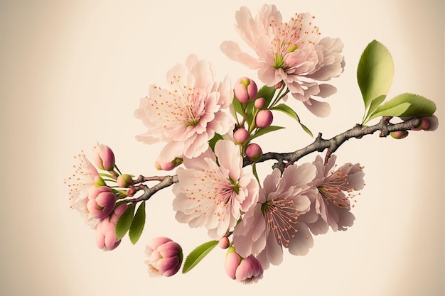 3D render realistische kersenbloesem, sakura tak met roze bloemen op witte achtergrond