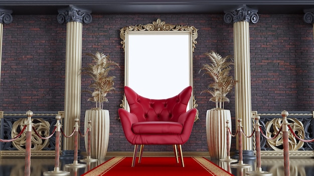 3D визуализация красного кресла с красной ковровой дорожкой и золотыми барьерами красное кресло на фоне классической колонной архитектуры