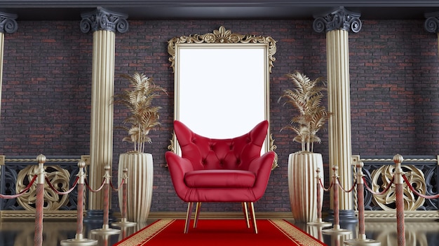 3d render of red armchair with red carpet and gold barriers red
armchair on classic column architecture background