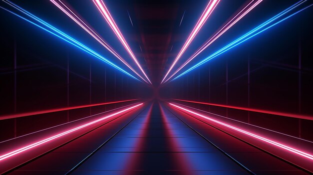 3d render red blue neon light illuminated corridor tunnel empty room virtual space generative ai