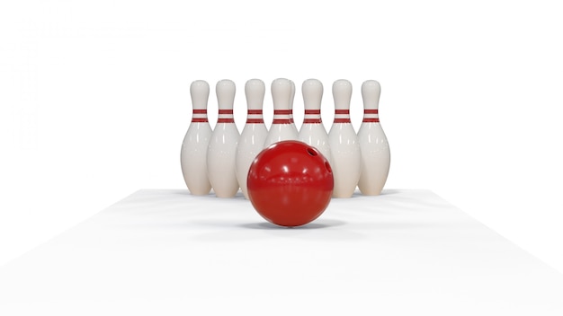 Rendering 3d palla da bowling rossa su uno sfondo bianco con perni