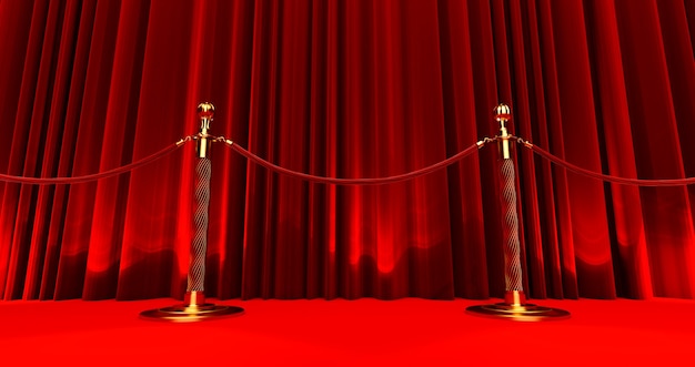 3D render of Red carpet between rope barriers on silk background, VIP Concept