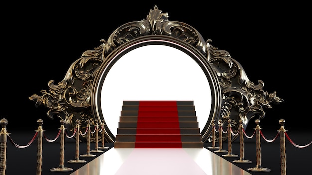 3D render of red carpet with staires in the end leading to golden frame vip concept