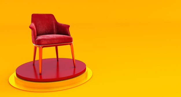 Photo 3d render of red chair golden on poduim over yallow background