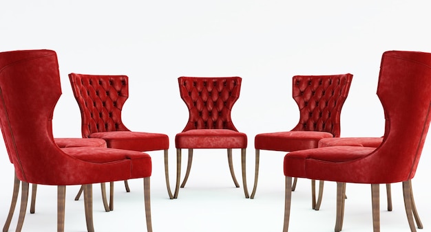 3D визуализация красных стульев на белом фоне.