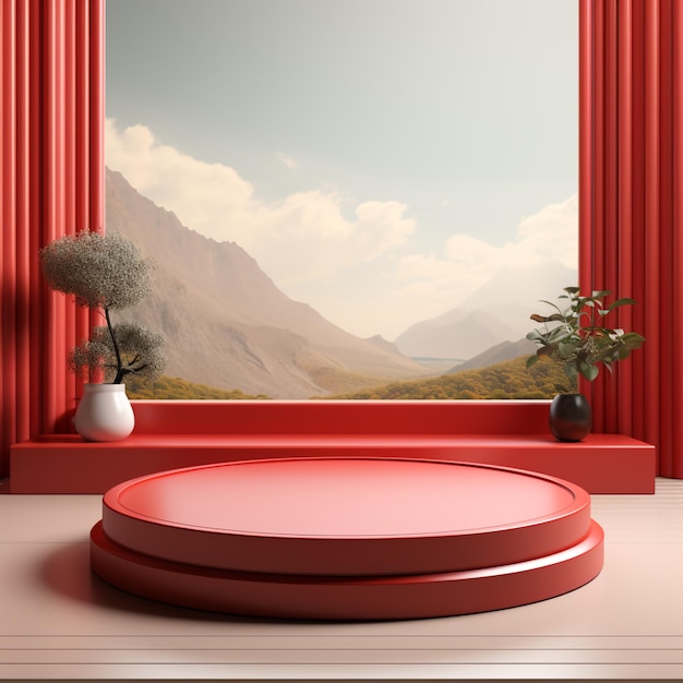 3D Render red circular podium on a modern background