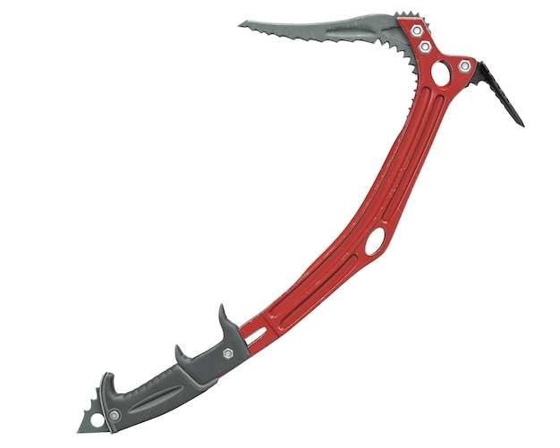 3D render of red climbing ice axe isolated on white background.