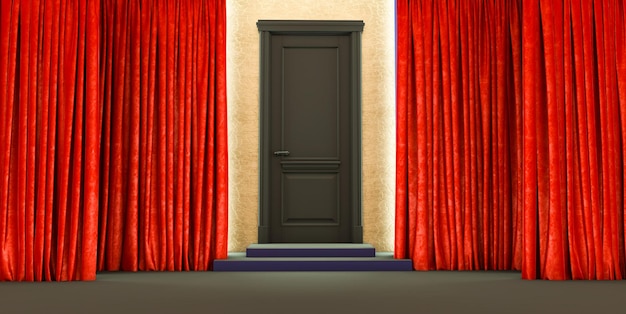 3Dレンダリング赤いカーテン黒いドアの入り口黒い3Dドアと赤いカーテン
