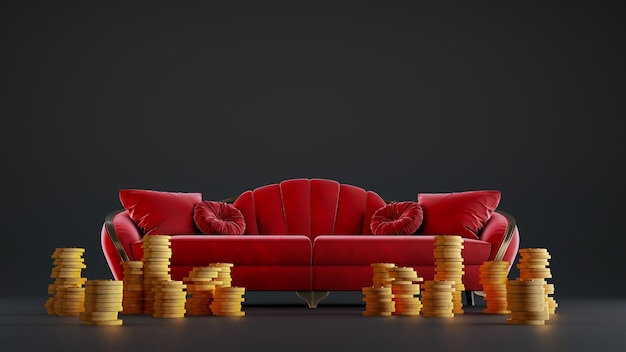 3d render of red furniture sofa with gold coins isolated on dark background