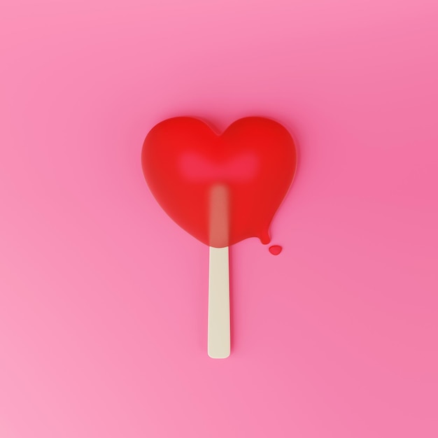 3d render of red heart ice cream on pink background.