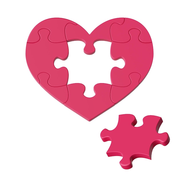 3d render red heart puzzle with missing piece clip art isolated on white background