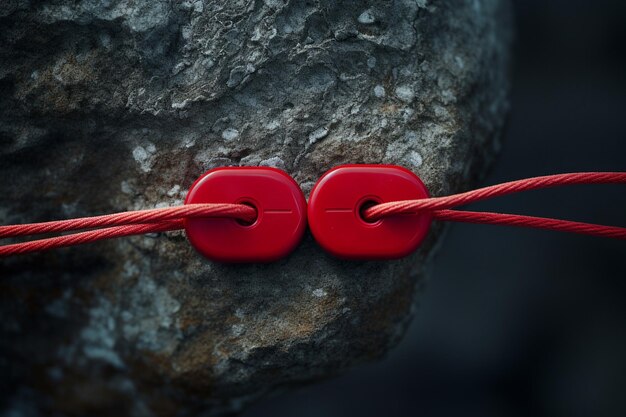 3D render of a red heart with a rope on a rock