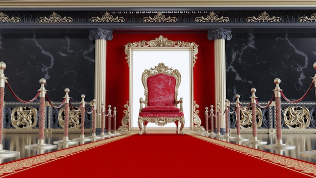 3D render of red king throne with red carpet and gold barriers red throne on classic columns architecture background