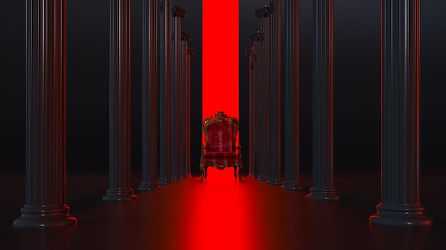 3D render of red king throne with shining red light in the backxAking armchair with black columns