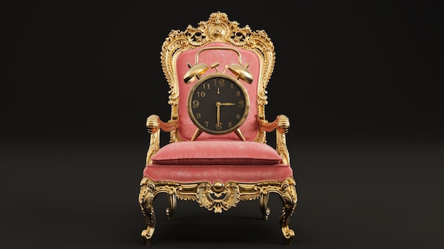 3D render of red king throne withe old alarm clock on black background