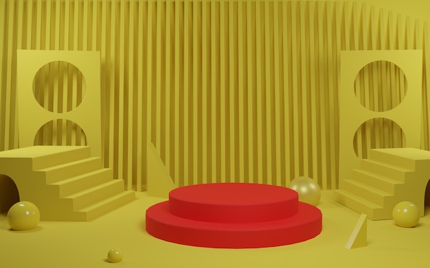 3d rendering scena podio rosso per la promozione del prodotto in sfondo giallo