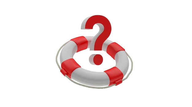3d render red question mark inside a lifebuoy isolated on white background