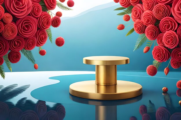 3d render of red roses on pedestal with mountains in background