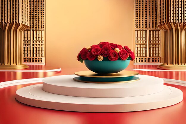 3d render of red roses on pedestal with mountains in background