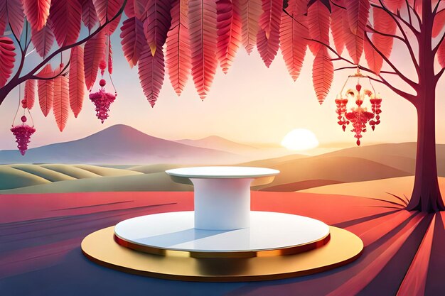 Photo 3d render of red roses on pedestal with mountains in background