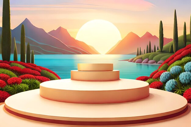 3d render of red roses on pedestal with mountains in background