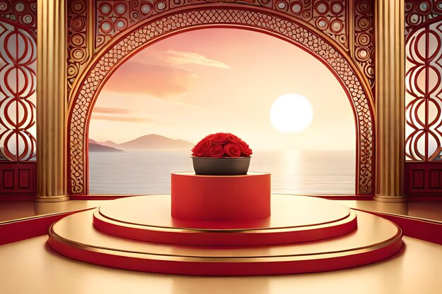 3d render of red roses on pedestal with mountains in background