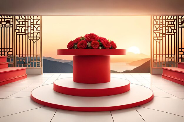 Photo 3d render of red roses on pedestal with mountains in background