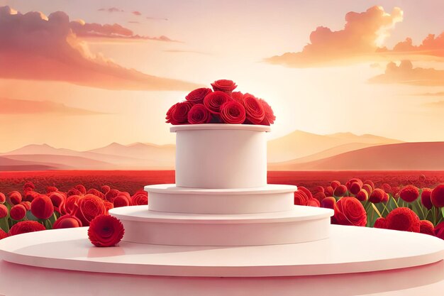 3d render of red roses on pedestal with mountains in background