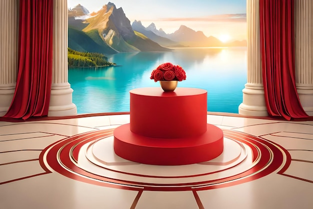 Foto rendering 3d di rose rosse su piedistallo con montagne sullo sfondo