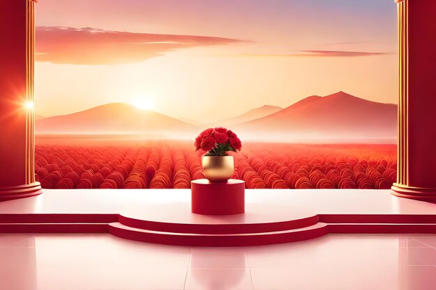 Foto rendering 3d di rose rosse su piedistallo con montagne sullo sfondo