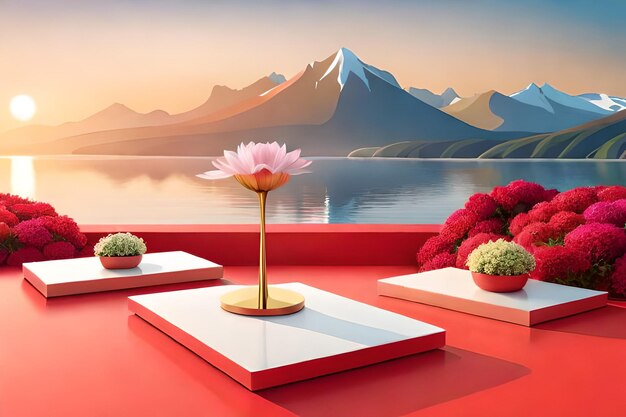 3d render of red roses on pedestal with mountains in background