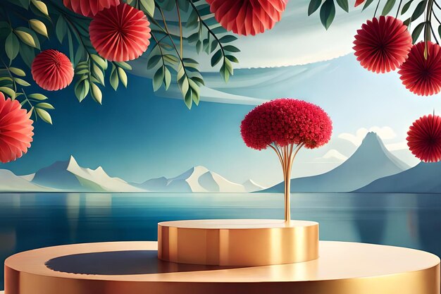 3d render of red roses on pedestal with mountains in background