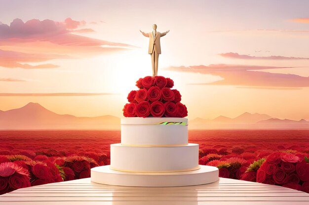 3d render of red roses on pedestal with mountains in background