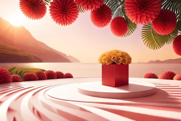 3d render of red roses on pedestal with mountains in background