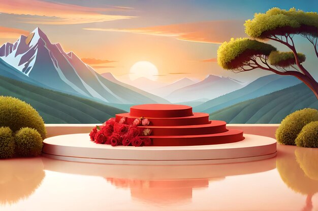 Foto render 3d di rose rosse su piedistallo con montagne sullo sfondo