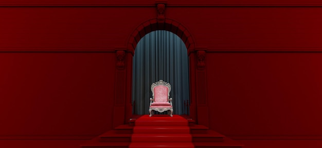 Photo 3d render of red royal throne, throne room, red carpet leading to the luxurious throne