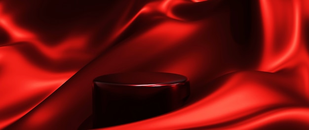 3d render of red silk and podium. Abstract art fashion background.