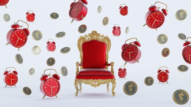 Rendering 3d del trono rosso isolato su sfondo bianco con vecchio orologio rosso e monete volanti